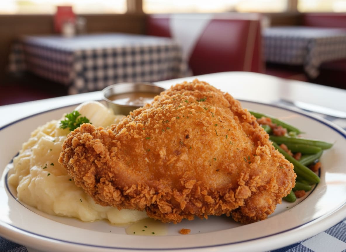 Cuisse de poulet pané, purée, haricots